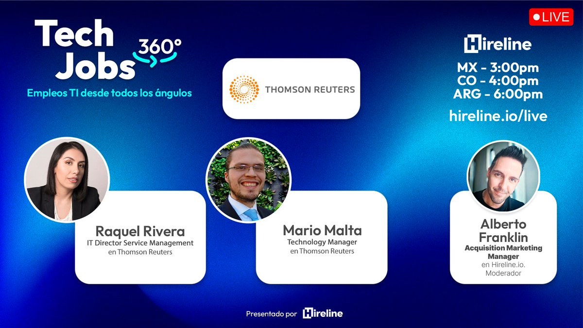 hirelineio's tweet photo. ¡Hoy tenemos Tech Jobs 360° con @TRDofiscal! 🟠🚀✨ Únete y conoce todos los tips para tu proceso de reclutamiento durante esta semana de la Feria Virtual de Reclutamiento de Thomson Reuters. 🗣️

🛎️ Aquí te vemos: https://t.co/nxu2cYJK2X

#WorkingAtTR #Hireline #ITJobs #EmpleosTI https://t.co/A11BYUcVVw