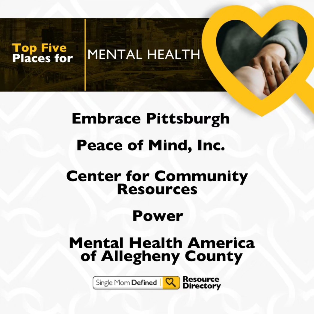 SingleMomDefine's tweet image. Resource Wednesday

Here are our top 5 picks (in no particular order) for mental health resources in the Pittsburgh area. Please see the link in our bio for additional information, website and contact information. 

#mentalhealthmatters
#Singlemomdefined 
#ResourceWednesday