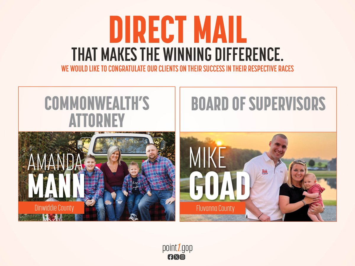 point1gop's tweet photo. Congratulations to Amanda Mann &amp; Mike Goad on your successful campaign this year! Thank you for letting point1 be a part of your team! #point1wins #Congratulations https://t.co/GSa0Ix4Ml7
