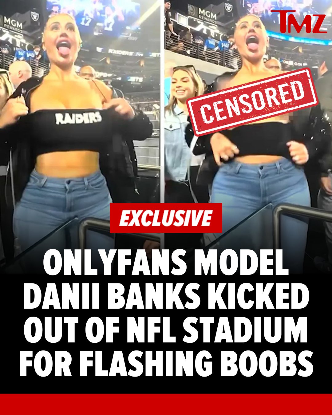 TMZ on X: OnlyFans model Danii Banks kicked out of NFL stadium after flashing  boobs at Las Vegas Raiders game. Watch the video here:  t.coD3YJgZAnRk t.coR1yGv9Umfn  X