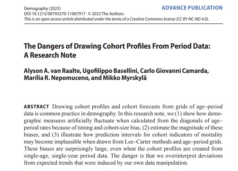 In “The Dangers of Drawing Cohort Profiles From Period Data,' @AlysonVanRaalte, @ugobas, CG Camarda, @MariliaNepo & M Myrskylä argue that 'cohort summary measures…should always be calculated on the basis of age-cohort data.” @MPIDRnews @INEDEng ow.ly/KoBx50Q83S2