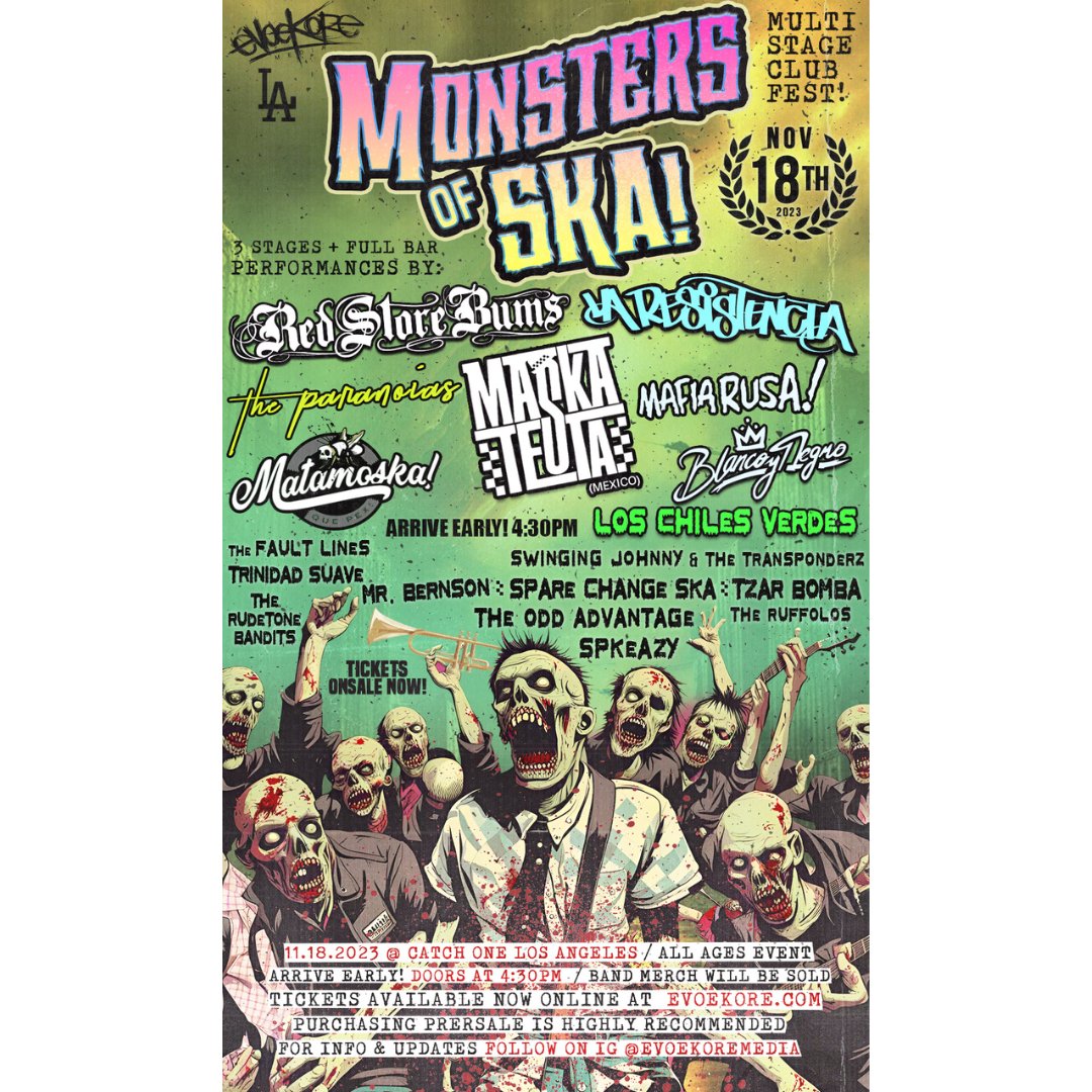 catchonela's tweet photo. Get ready for a FULL VENUE takeover with MONSTERS OF SKA! This Saturday, Nov 18th, at 4 PM, join us for a multistage club fest featuring over 20 artists ๐ถ๐บAll Ages #Catchone #SKAmusic #LAnightlife https://t.co/oXrGQWx4Bf