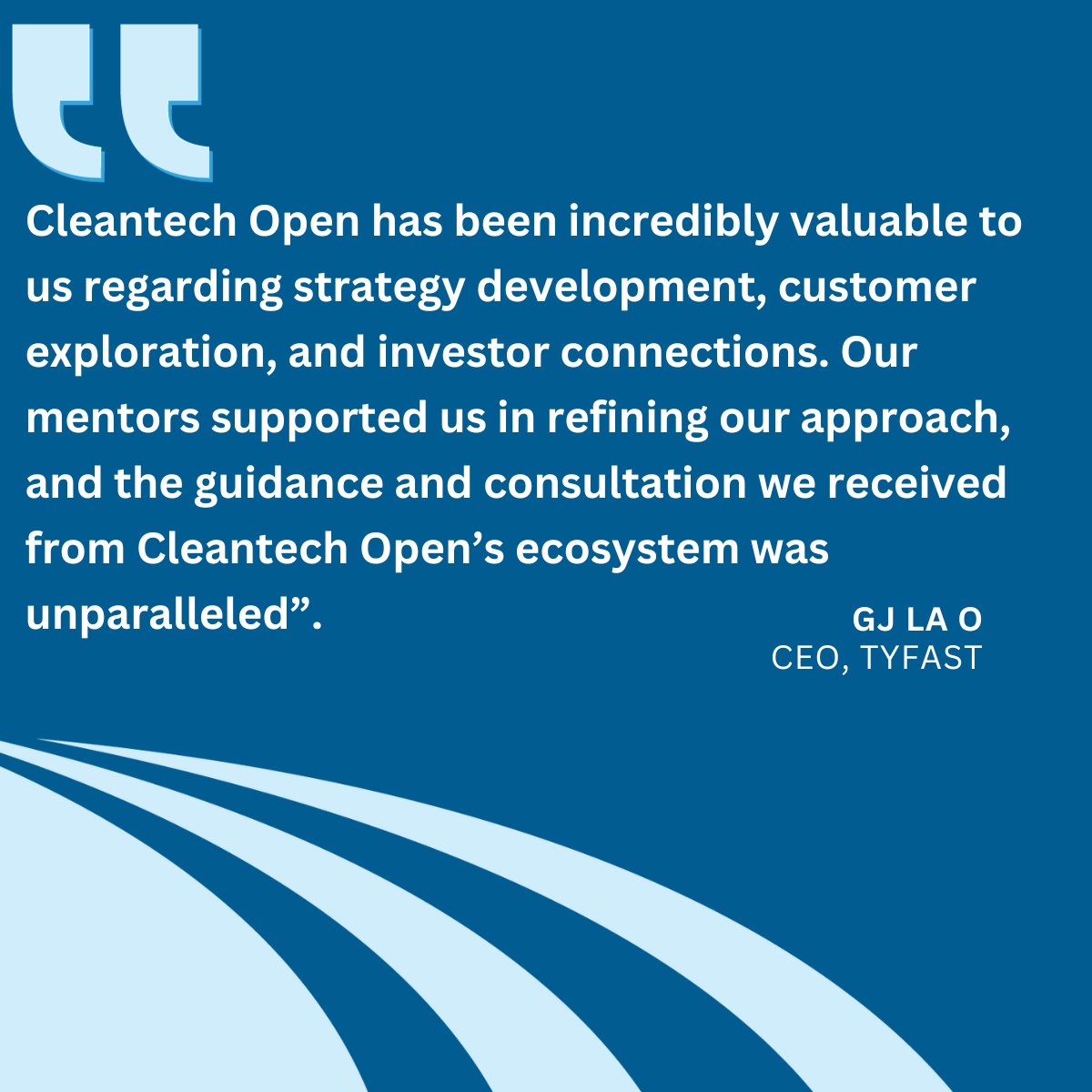 cleantechopen's tweet image. Inspiring words from GJ la O&apos;, CEO of @TyfastEnergy, highlighting the pivotal role of Cleantech Open in empowering climate tech innovators. 🌿🔌

 #CleantechOpen #ClimateTech #Innovation