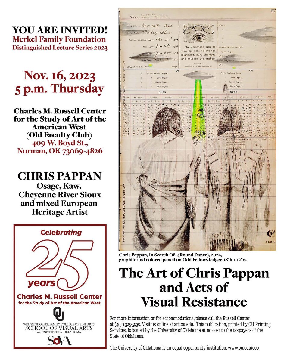Tomorrow @ 5 pm [Russell Center, 409 W Boyd St., Norman]

You are invited! “The Art of Chris Pappan and Acts of Visual Resistance” by Chris Pappan, Visual Artist, on Thursday, November 16, 2023, at 5 PM in the Charles M. Russell Center, 409 W. Boyd St., Norman, OK 73069-4826.