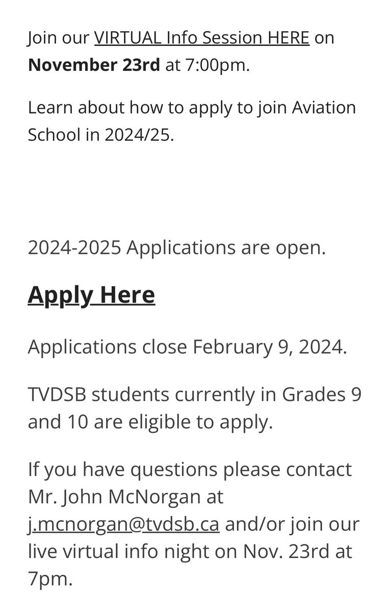 Thrilled to share! Grade 9s&amp;10s can now apply to a spot in <a href="/tvdsbaviation/">TVDSB Aviation School</a> 2024/25.  Visit the website for info. Virtual night Nov. 23rd at 7:00pm and Jan.  17th at 7:00pm. Open to all <a href="/TVDSB/">Thames Valley DSB</a> students. sites.google.com/gotvdsb.ca/mon… <a href="/SHSM_TVDSB/">@SHSM_TVDSB</a>