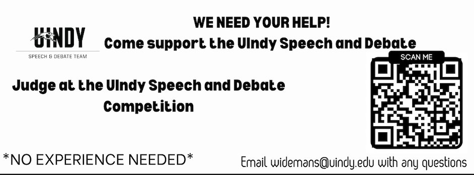 UIndySpeech's tweet photo. This is a friendly reminder that we will host our annual competition on Saturday, December 2nd. We are still in need of judges; no experience is needed. All you need is a Bachelor's Degree; we will help with any other questions. Please scan the QR code for the form to fill out! https://t.co/r3f66JDm6c