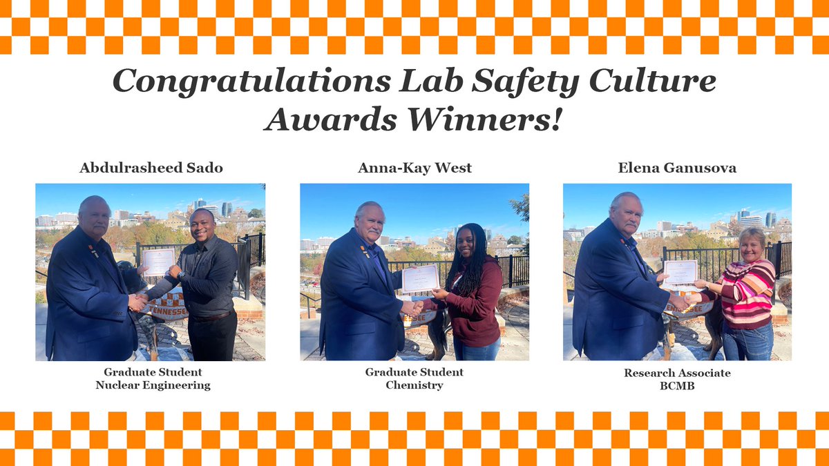UTKEHS's tweet photo. The Lab Safety Culture Awards Subcommittee would like to congratulate its fourth quarter award winners Abdulrasheed Sado, Anna-Kay West, and Elena Ganusova. https://t.co/RwXu3yhyDt https://t.co/a5sREhXfVM