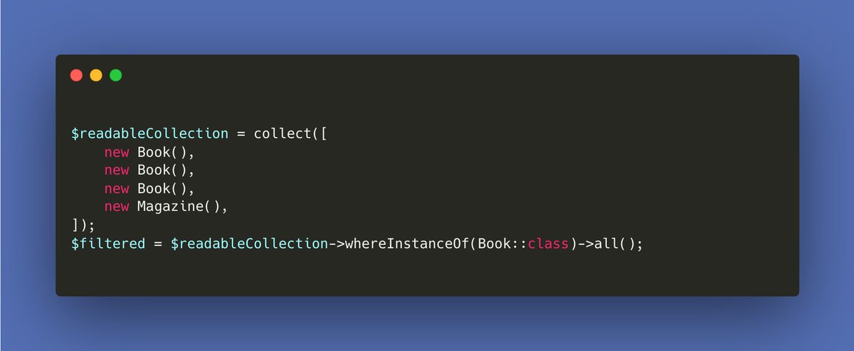 devgleb's tweet image. 🚀 Did you know that in #Laravel, you can fine-tune your Collections with precision? ✨ Leverage the whereInstanceOf method to filter collections by a specific class type. Perfect for consolidating data from diverse sources like polymorphic relationships. 💻🔍 #LaravelTips #PHP
