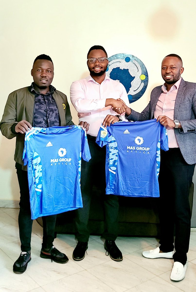 Mas Group Africa is our official sponsor for JICO League Season 2. Pictured is Kaboige FC President; Shadrach Kolya (M) and Events Manager; Boza Allan (L) receiving the Season Jersey for 2023/24 from Mas Group CEO Mas Yunus