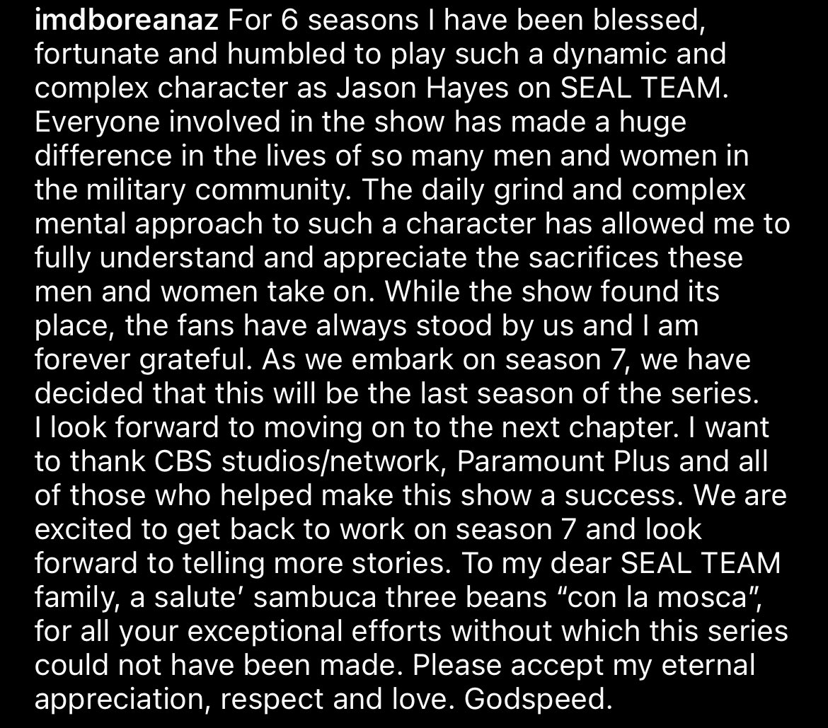 Season 7 of #SEALTeam will be the last. Here’s the post shared by our beloved Bravo 1, David Boreanaz. On a personal note, I have loved this series so much, I am glad to see it end on its own terms. Onwards! @SEALTeamWriters @SEALTeam_pplus