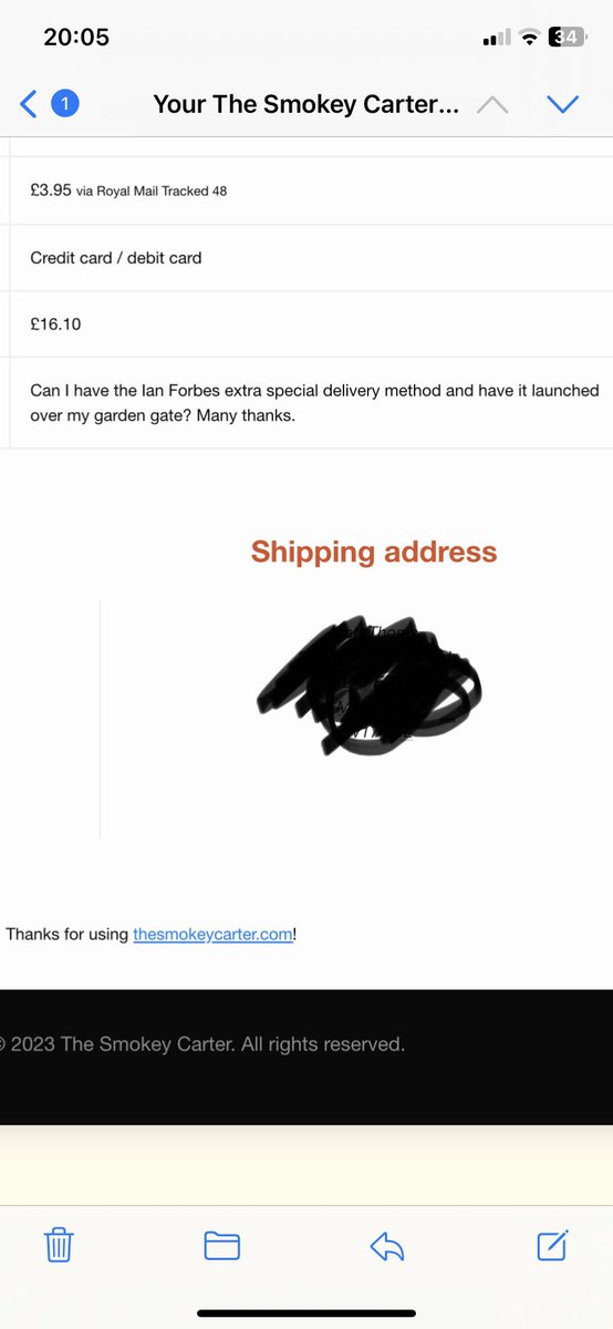 Order placed for some <a href="/TheSmokeyCarter/">The Smokey Carter™</a> gear. Asked for my preferred delivery method of course <a href="/IanPlumbing/">IanPlumbing 🍺</a>