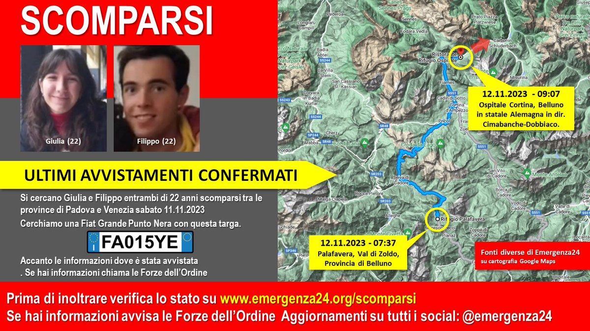 Emergenza24's tweet photo. PER FAVORE CONDIVIDI 
[15.11-21:00] Continuano le ricerche della Fiat Grande Punto Nera 

ULTIMI AVVISTAMENTI CONFERMATI

Se hai informazioni contatta urgentemente le Forze dell’Ordine.

Cerchiamo ragazza (22 anni) e ragazzo (22 anni) scomparsi il 11.11.2023 tra #Venezia e #Padova
Informazioni e aggiornamenti sulla pagina dedicata: https://t.co/klThp9KuKH

Tutte le ultime notizie di #Emergenza24 adesso nel canale dedicato di Whatsapp: https://t.co/cMAVbPc9y1 
#giulia #filippo