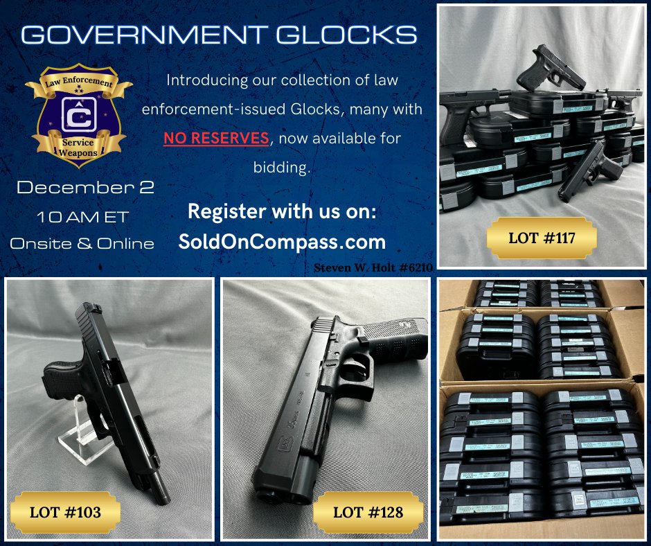 SoldOnCompass's tweet photo. ❗GOVERNMENT PISTOLS are in the house❗ Make sure to get registered with us at https://t.co/jBsh5rTSpz, to bid for these .40 Cal Glocks. Many of these Glocks have NO RESERVES on the lots, and have HIGH value proposition. Don't miss out! #glock #firearms #government #2A https://t.co/tKTImiR5IA