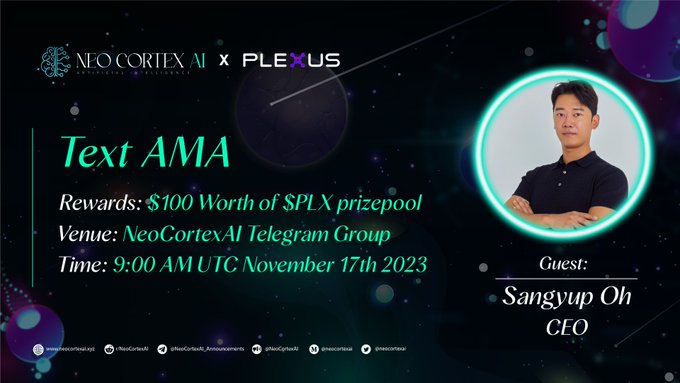 ama_tracker's tweet photo. 🚀Get ready for AMA session from @NeoCortexAI with @plexus_fi!
#NeoCortexAI is Embracing the Synergy of AI and Blockchain.
#Plexus is cross-chain liquidity aggregator and middleware infra.
⏲️Nov 17, 9 AM UTC
🏟️https://t.co/BYszz07wIT
#AmaTracker https://t.co/qza3YWcEP5