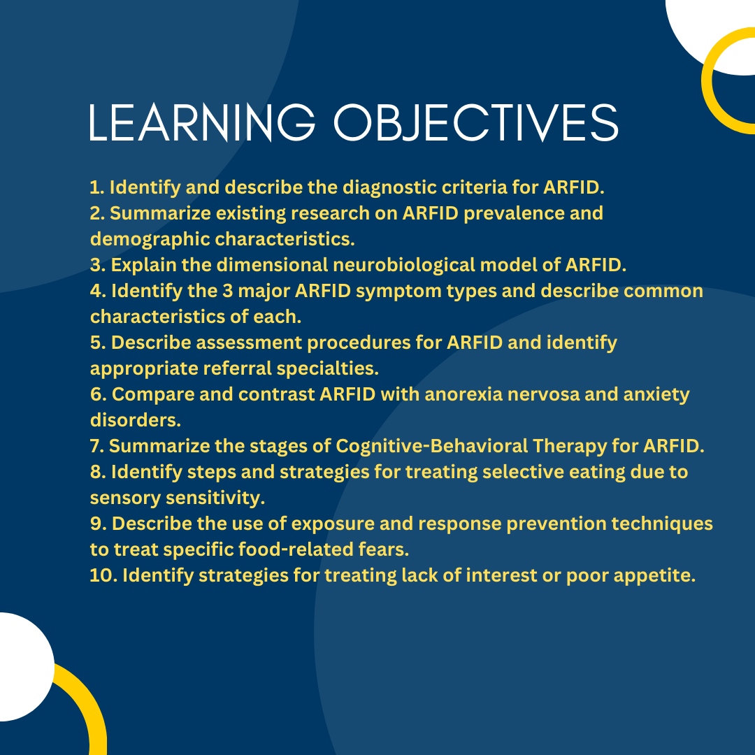 Our clinic will be hosting an in-person two-day intensive training on Identification Assessment, and Treatment of Avoidant/ Restrictive Food Intake Disorder.
 
There are limited spots available for this training. To learn more and register: cvent.me/MdM4mb