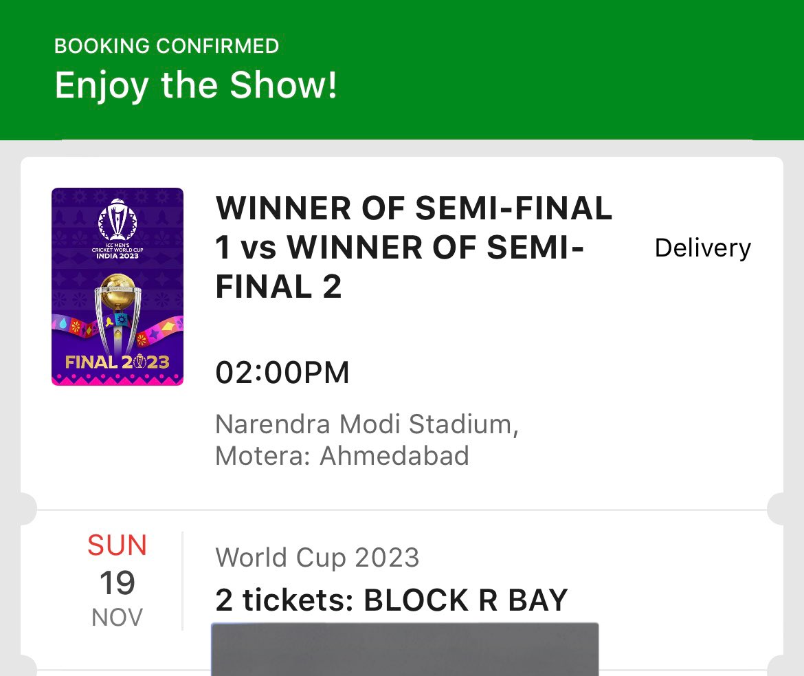 Rutvij1611's tweet photo. Got Final tickets for world cup..! 

Interested people dm.. 
it’s India into the finals 

#IndiaVsNewZealand 
#Shami 
#INDVsNZ 
#CWC2023INDIA 
#BookMyShow 
#Ahmedabad https://t.co/2VqgbIcb78