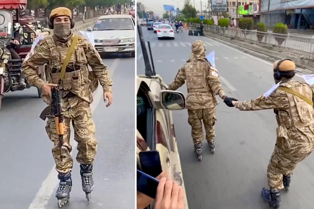 nypost's tweet photo. Taliban seen patrolling streets of Kabul on rollerblades with AR-47s https://t.co/yJeShQ9vqa https://t.co/fxJkc9J2Fg