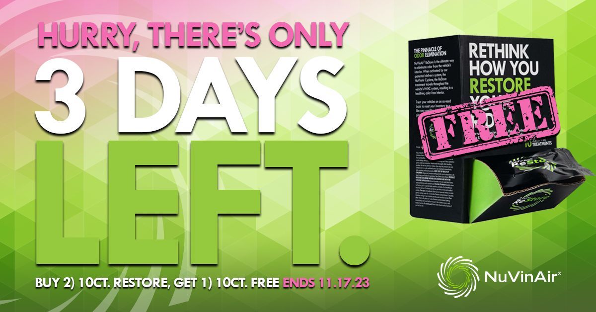 If you want 30 of our best-selling ReStore treatments for the price of 20, act fast because this deal is only good for three more days! Visit your ordering system, talk to a NuVinAir rep, or contact support@nuvinair.com by November 17 to take advantage of this incredible offer!