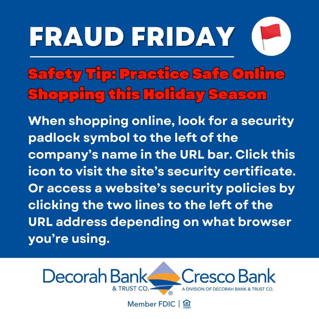 DecorahBank's tweet image. Don’t let fraudsters steal your hard-earned money! Use this safety tip to stay safe and secure. #FraudFriday🚩