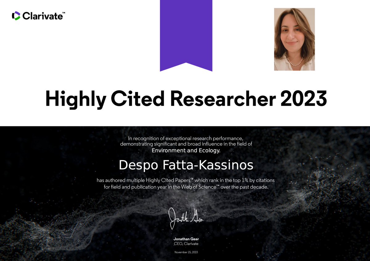 We are excited to share the news that for the 6th year, Prof. Despo Fatta-Kassinos has been named as a Highly Cited Researcher. The only Cypriot, the only female (also from Greece) & 1 of the 137 (only) scientists worldwide in  Environment and Ecology. #HighlyCited2023 @Clarivate