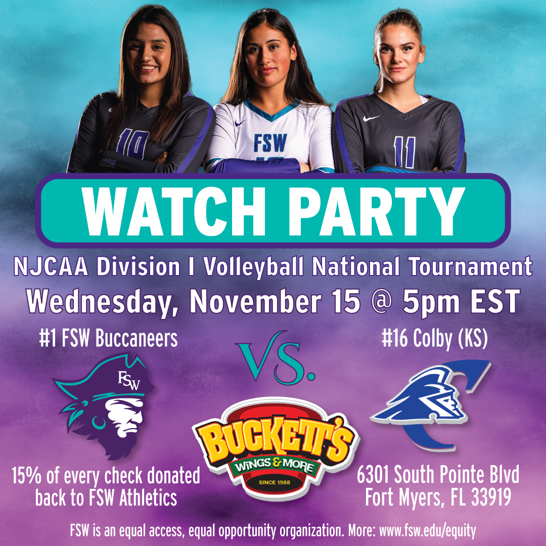 FSWCollege's tweet photo. Cheer on your number 1 FSW Bucs Volleyball team in the first round of the 2023 NJCAA National Tournament as they fight to defend their NJCAA Division I title! Join us for a watch party at Buckett's, 6301 South Pointe Blvd., Fort Myers, today, Nov. 15, at 5 p.m. #FSWBucs https://t.co/erG4UtCgVN