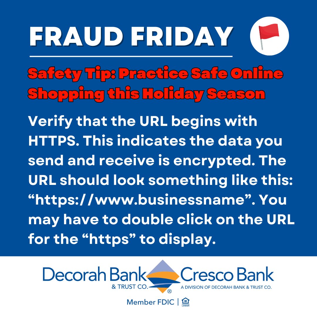 DecorahBank's tweet image. Don’t let fraudsters steal your hard-earned money! Use this safety tip to stay safe and secure. #FraudFriday 🚩
