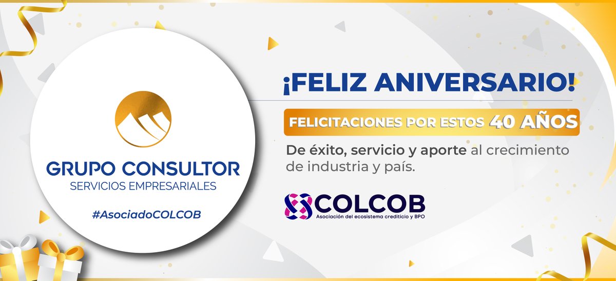 Colcob_Colombia's tweet photo. ¡Felices 40 años de éxitos y logros, @GRUPO_CONSULTOR #AsociadoCOLCOB! 🎉

 En este aniversario especial, celebramos su dedicación, innovación y constante crecimiento. ¡Que sigan los éxitos muchas décadas más! 🥳🎂 #40AñosDeExcelencia https://t.co/EXmeMcQEO0
