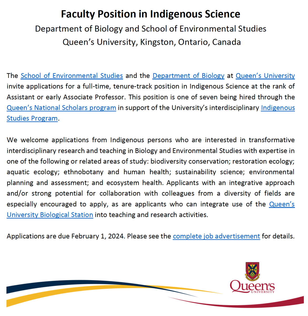 We are excited to be hiring for this faculty position with @QueensUBio and @QUBioStation! Complete ad available at queensu.ca/ensc/employmen…
