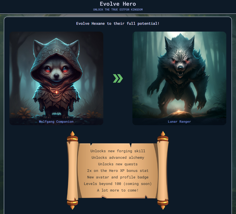 Guys, it's time for an EVOLVE in <a href="/EstforKingdom/">EstforKingdom</a>! This is a @1KinLabs partnered game.

Just check out this character upgrade! 

Evolved Heroes can:
✅Unlock new forging skill
✅Expands alchemy tasks
✅Gives 2x hero XP bonus
✅Additional quests and new hero avatars

Evolve your