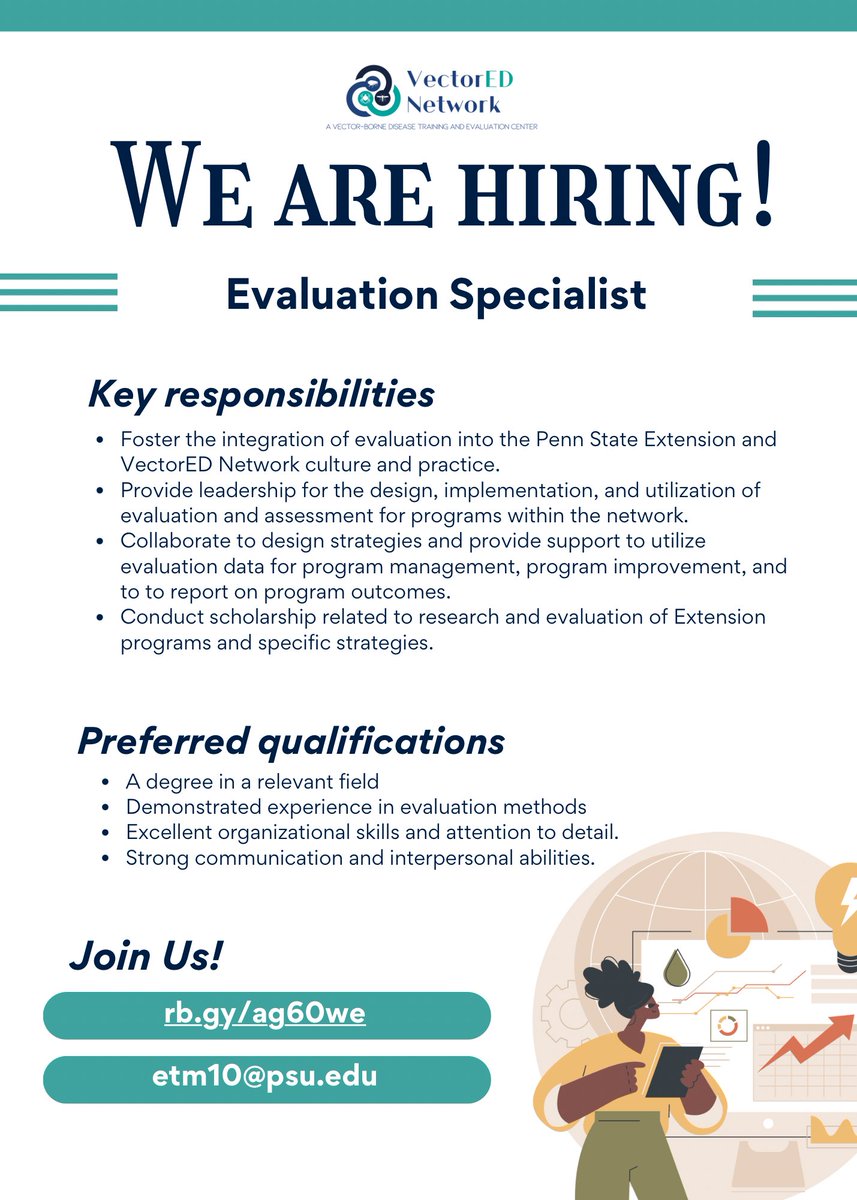 VectorEDNetwork's tweet photo. We are looking for an Evaluation Specialist to join Penn State Extension and support the The VectorED Network.
Join us and help stop vector-borne diseases! π¦
#VectorEDNetwork #vectorbornediseases #evaluationspecialist #CareerOpportunities https://t.co/NvSSMtXng8