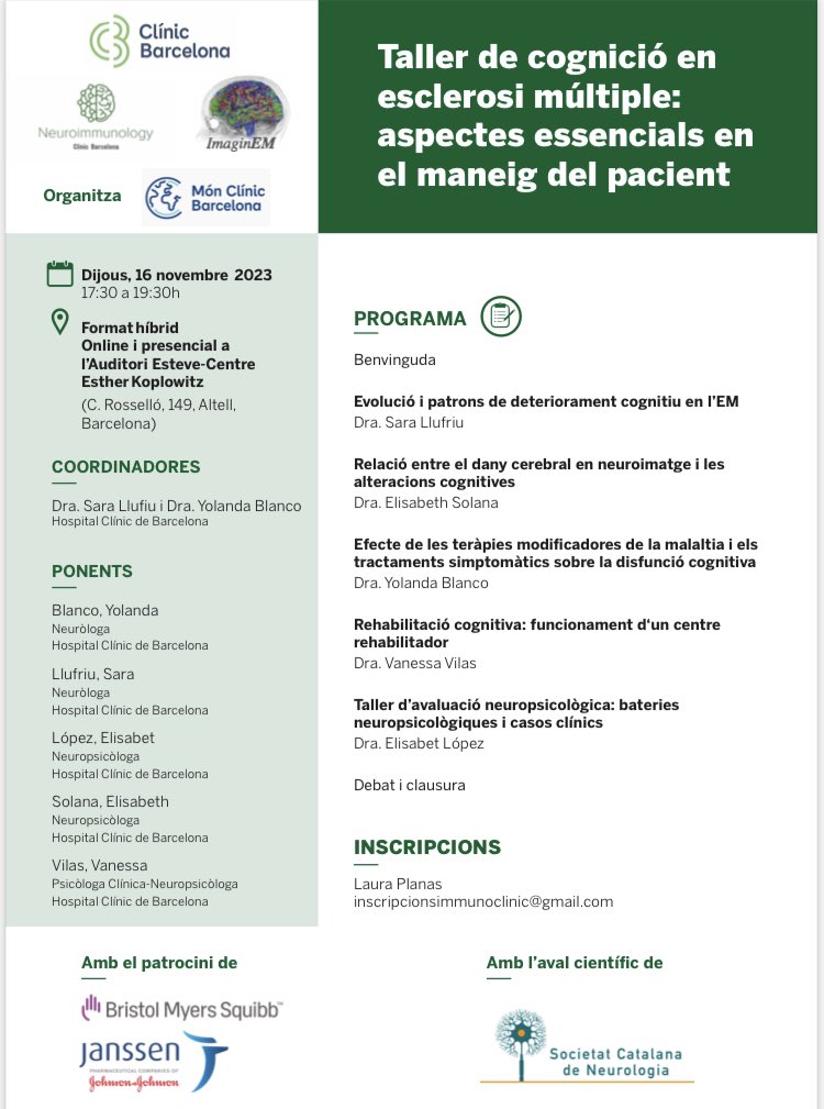 Demà dijous 16 novembre a la tarda tindrà lloc el taller de cognició en Esclerosi Múltiple. Serà en format híbrid! Si esteu interessats, encara us podeu inscriure enviant email a inscripcionsimmunoclinic@gmail.com 🧠🧠🧠 @SCatalanaNeuro