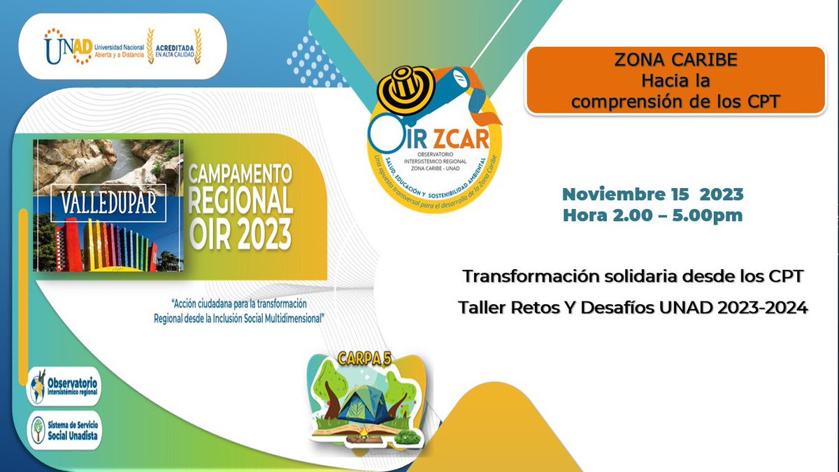 El OIR de las Regiones UNAD (@eloirdelaregion) on Twitter photo <a href="/UNAD_zcar/">UNAD Zona Caribe</a> Inicia Carpa 5, a partir de informacion recopilada con el ejercicio de anteriores carpas; los lideres de
<a href="/UNAD_zcar/">UNAD Zona Caribe</a> realizaran analisis y propuestas de Proyectos Solidarios que apunten a las necesidades y preocupaciones zonales establecidas. #TransformaciònSolidariaCPT <a href="/UNAD_zcar/">UNAD Zona Caribe</a> Inicia Carpa 5, a partir de informacion recopilada con el ejercicio de anteriores carpas; los lideres de
<a href="/UNAD_zcar/">UNAD Zona Caribe</a> realizaran analisis y propuestas de Proyectos Solidarios que apunten a las necesidades y preocupaciones zonales establecidas. #TransformaciònSolidariaCPT