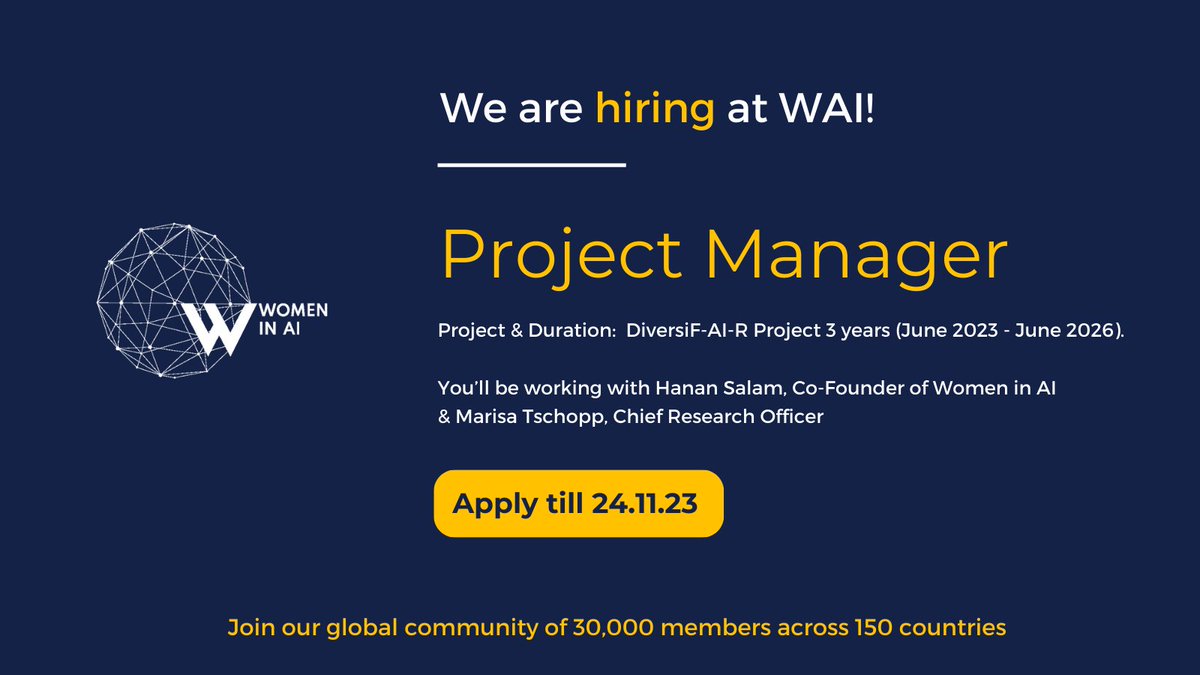 📣 We're Hiring at Women in AI! Join us as a Project Manager to lead our ambitious DiversiF-AI-R Project! 🚀

👉 Apply here: bit.ly/wai-applicatio…
❗️ Application Deadline: Nov 24, 2023

🙌 Tap on the link for more details: linkedin.com/feed/update/ur…