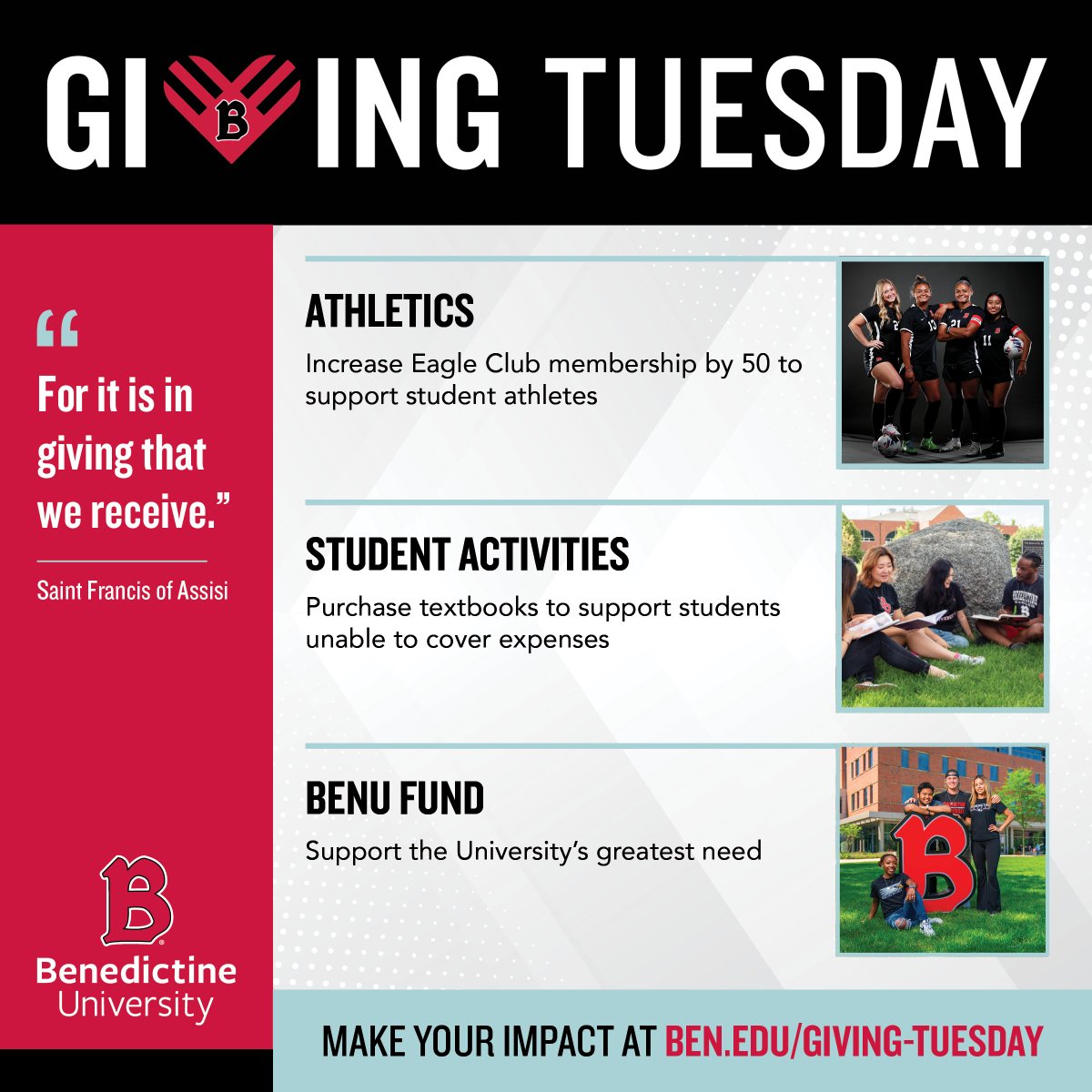 Three more reasons to choose us this Giving Tuesday! Your gift on November 28 may also be designated to one of the college initiatives listed below. Make your contribution at ben.edu/giving-tuesday