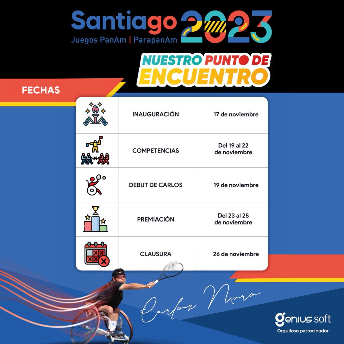 Genius_Soft's tweet photo. Les compartimos calendario de los Juegos Parapanamericanos Santiago 2023, donde nuestro embajador, Carlos Muro, brillará con su participación. 🎾🇲🇽

#CarlosMuro #Santiago2023 #JuegosParapanamericanos #GeniusSoft #OrgulloMexicano https://t.co/CQcnxG673a