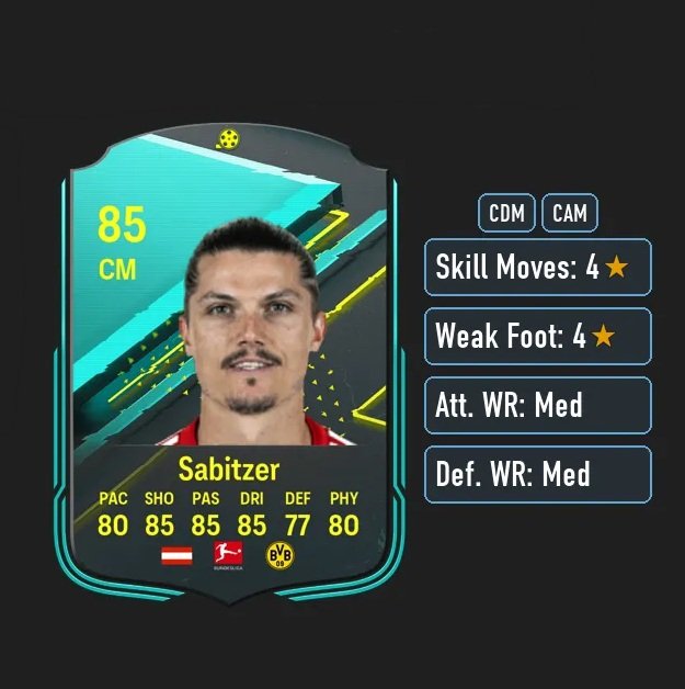 the_rocketclub's tweet photo. Marcel Sabitzer
Moment SBC
costs 2 squads(84 &85)100k
Looks like a box-to-box Midfielder
#fc24 #fc24ultimateteam #eafc24 #easportsfut https://t.co/g84bKhj5k0