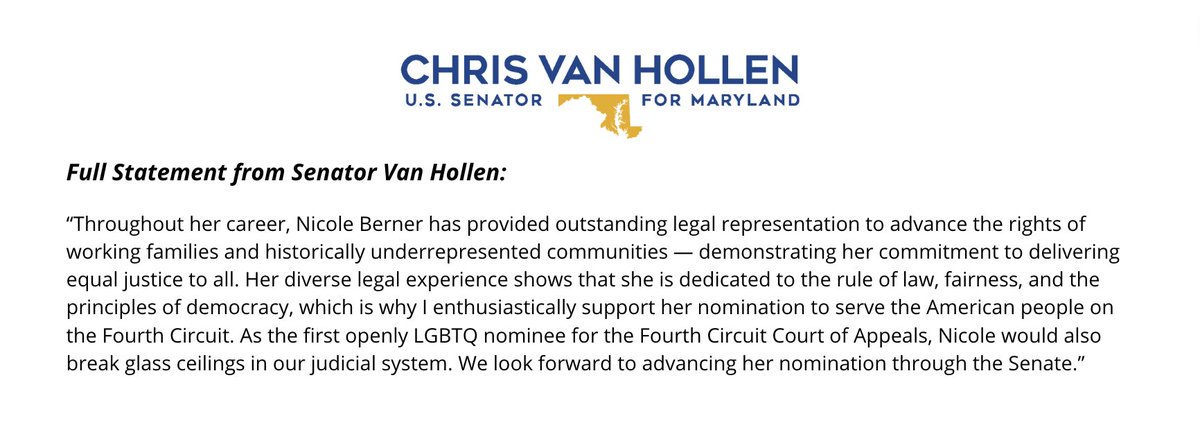 I applaud @POTUS for nominating Nicole Berner to the 4th Circuit. She's a brilliant lawyer & tireless advocate for working families & underrepresented communities who is committed to ensuring equal justice under law. I look forward to working to ensure her speedy confirmation: