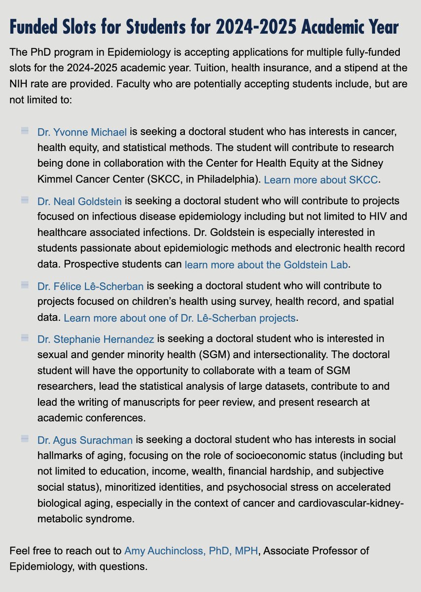 I will be recruiting a doctoral student to our PhD program in Epidemiology @drexelpubhealth. Looking for someone interested in life course socioeconomic and psychosocial factors of aging. Please email or DM if you have any questions. Further info: drexel.edu/dornsife/acade…