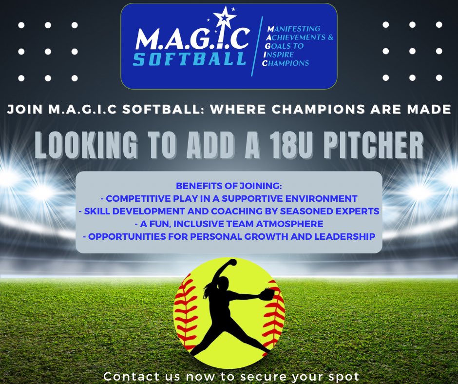 MagicSoftball18's tweet photo. Are you a Pitcher looking to be part of something extraordinary? At M.A.G.I.C Softball, we manifest achievements &amp; goals to inspire our team of champions! Contact us now to secure your spot. #Pitcher #18U #Softball #TravelSoftball #PitcherCircle #MAGIC https://t.co/xtlf8TJoJo