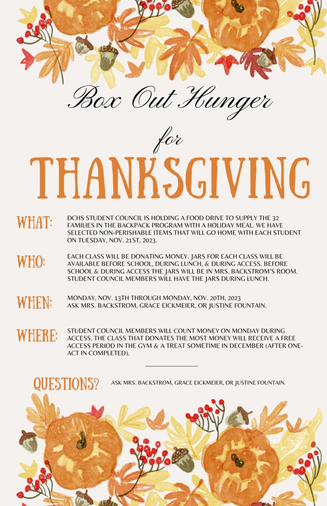 DC_Scouts's tweet photo. Student Council is asking students to donate money for the Backpack program Thanksgiving meal.  Each class is competing to win a free access in the gym. https://t.co/jUfz5kdDin