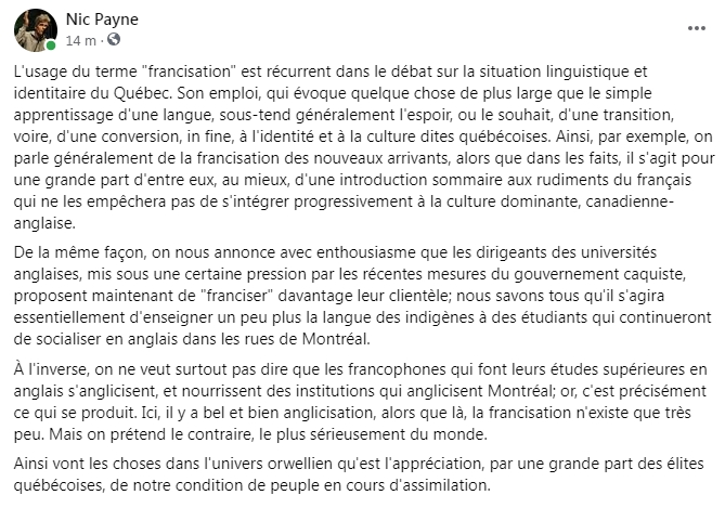 nic_payne's tweet photo. Le charme discret de notre déni collectif: la #francisation, célébrée, n'existe pas. L'#anglicisation, banalisée, est à son comble. #polqc #assimilation #identité #Canada #Québec https://t.co/vfZw0GVcoO