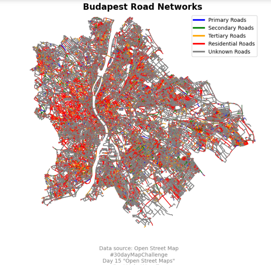 Day 15 of the #30daymapchallenge 'Open Street Map'. This is the Road netwoks of the Budapest, Hungary.
@milos_agathon.
#30daymapchallenge, #mapping , #spatialanalysis , #geospatial, #geography #rstats, #python, #osmnx.