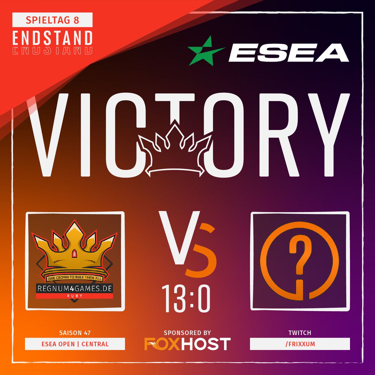 regnum4games's tweet photo. 👑#ESEA👑
#DEFWIN! Leider ist #Sixbanners nicht angetreten womit #Ruby automatisch den Sieg einfährt! Damit stehen wir in der #ESEA Open 4-4. Nächste Woche geht die Reise weiter!
Dennoch ein dickes Danke an @Frixxum!
#r4g | #getcrowned | #ESEA https://t.co/zaQ3W5fcI0