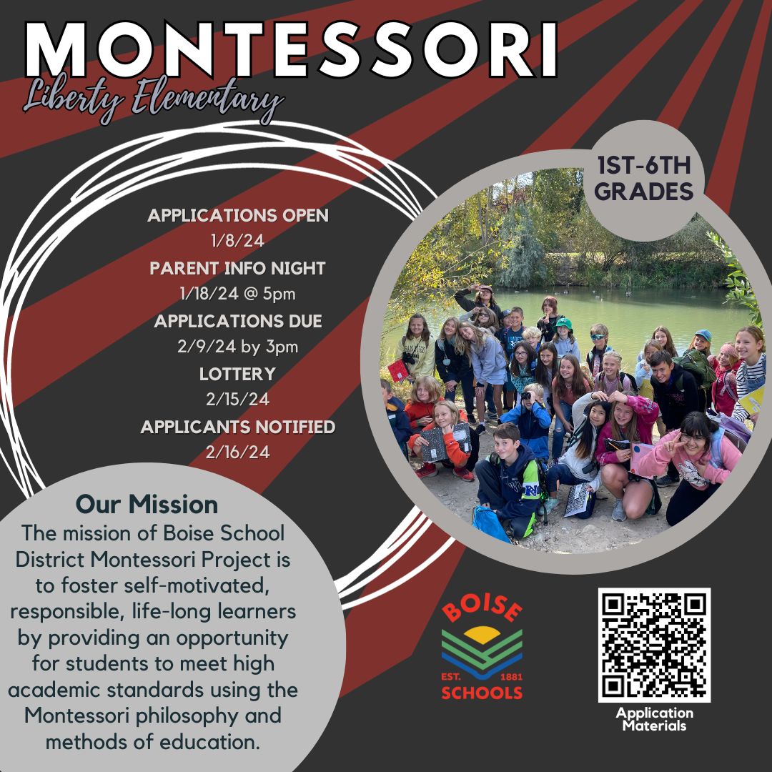 Boise School District (@bsdeducation) on Twitter photo Interested in Montessori? The Boise School District Montessori Project will be offered at Liberty Elementary next school year (2024-2025).
- Applications open on January 8th.
- A parent information night will be held on January 18th from 5:00 - 5:30 PM at <a href="/LibertyBSD/">Liberty Elementary</a>.
1/2... Interested in Montessori? The Boise School District Montessori Project will be offered at Liberty Elementary next school year (2024-2025).
- Applications open on January 8th.
- A parent information night will be held on January 18th from 5:00 - 5:30 PM at <a href="/LibertyBSD/">Liberty Elementary</a>.
1/2...