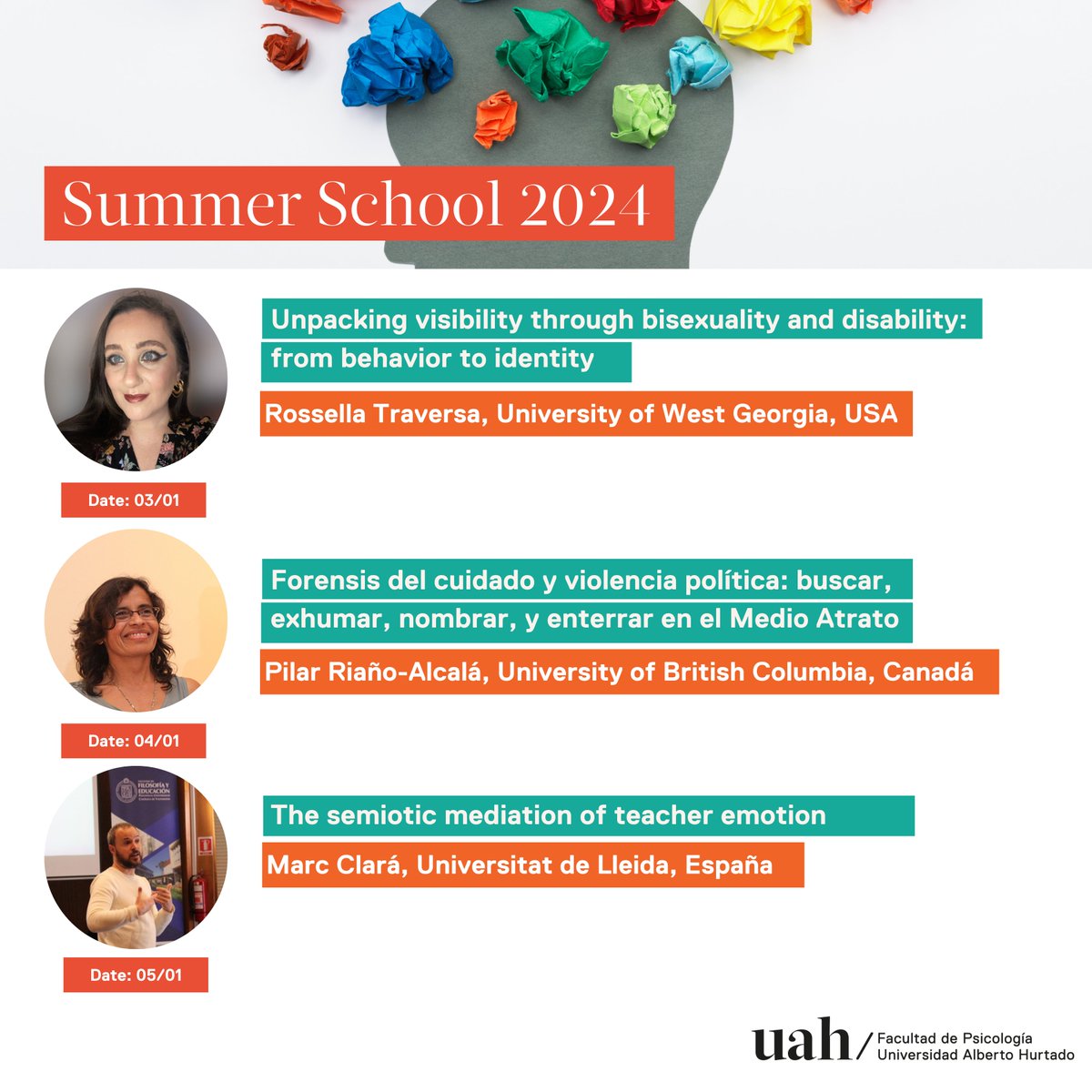 #SaveTheDate 

Entre el 3 y 5 de enero el Doctorado en <a href="/PsicologiaUAH/">Psicología UAH</a> con el patrocinio de <a href="/Society_ISTP/">ISTP</a> organiza su escuela anual de verano con la presencia de <a href="/Rossavoid/">Rossella Traversa</a> <a href="/UnivWestGa/">UWG</a> Pilar Riaño-Alcalá <a href="/UBC/">University of British Columbia</a> <a href="/ubclas/">UBC Lat Am Studies</a> y <a href="/MarcClar3/">Marc Clarà</a> <a href="/UniversitatLlei/">Universitat Lleida</a> 

+Info: alarrain@uahurtado.cl