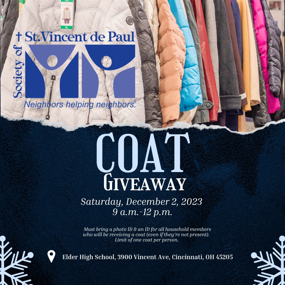 SantaMariaCincy's tweet photo. Our friends at @SVDPcincinnati are hosting a holiday food distribution on Tuesday, November 21 at 9 a.m. at the Neyer Outreach Center (1146 Bank St.). No registration needed, but must bring ID. Open all Hamilton County residents. +Coats distribution on 12/2! https://t.co/UQGLs9vuOz
