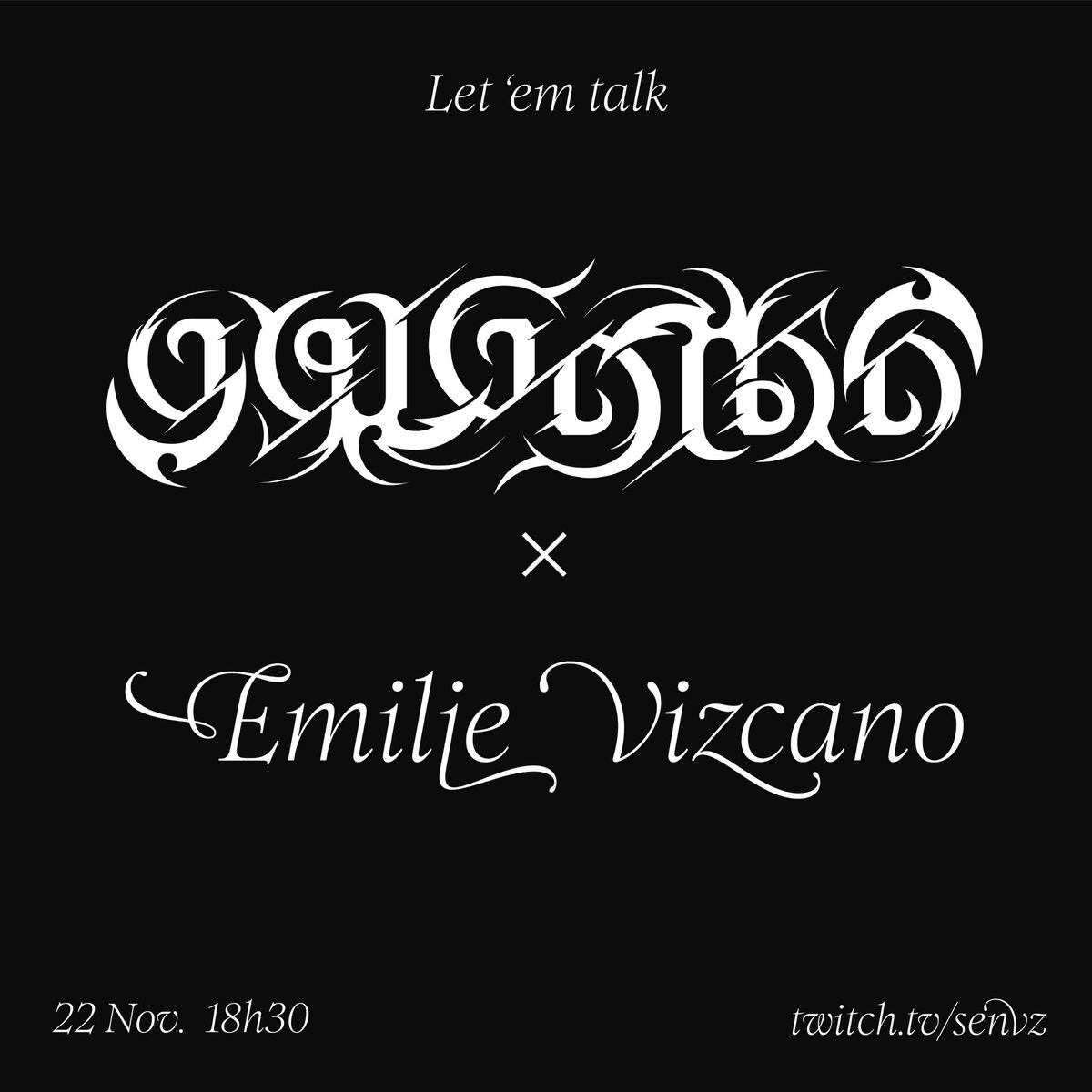 ‼️ TWITCH ANNONCE! ‼️

Je (re)lance mon nouveau concept,  « Let ‘em talk »!

Ces lives consisteront à inviter des personnalités du monde du design au sens large!

J’ai donc le plaisir de vous annoncer que notre premier invité est le studio <a href="/Glgth/">Golgotha</a> pour cette première édition! 🌸