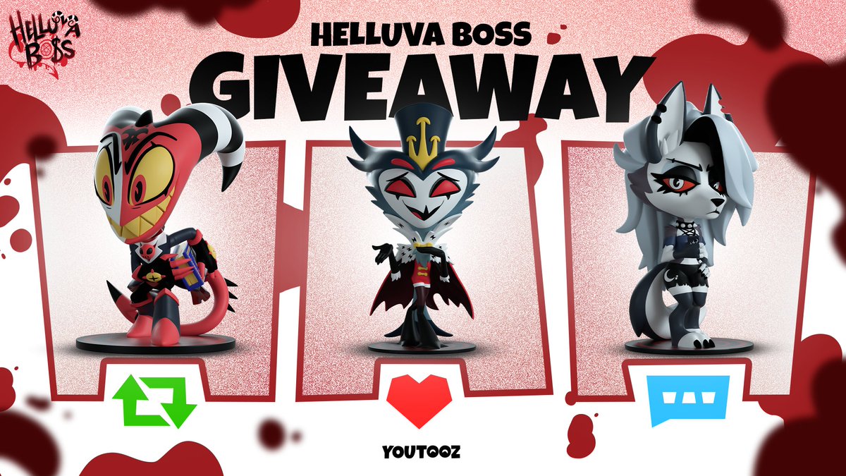 helluva day for a giveaway 🎉 enter below for a chance to win the new #helluvaboss collection 🔁 for blitzo 💟 for stolas 📝 comment HELLUVATOOZ for loona 3 winners for each announced friday!