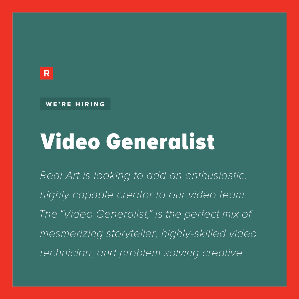 realart's tweet photo. Real Art is seeking a Video Generalist to join our team. If you’ve got the chops, we want to meet you. Check our careers postings then drop us a line, and get ready to never be bored. #buildwonder #videogeneralist #career https://t.co/e7g0I9IDph https://t.co/n43LcbqXAF