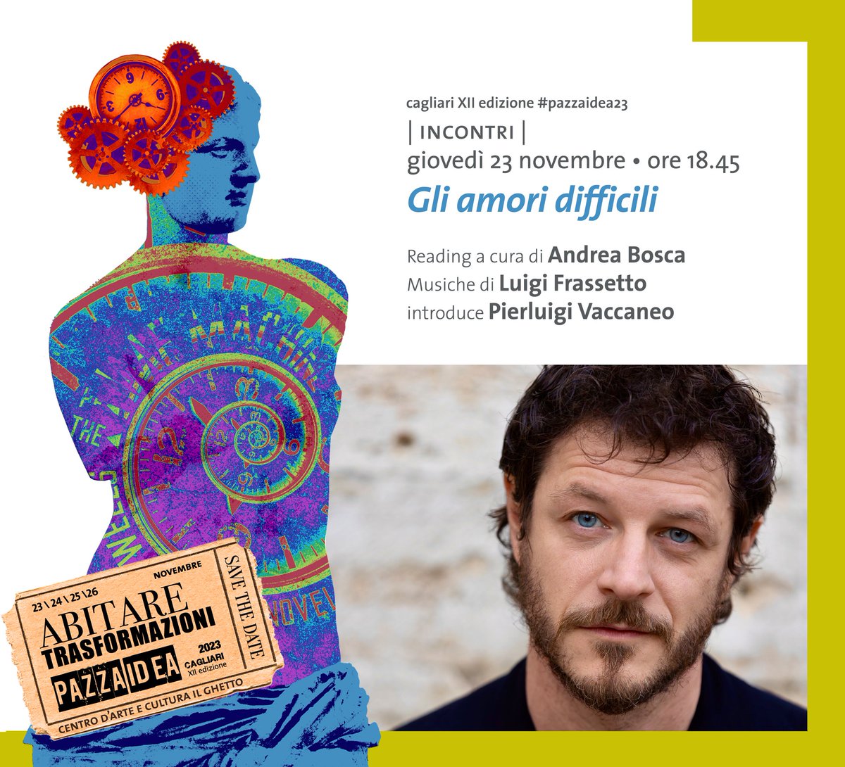 Durante la prima giornata di #pazzaidea23, ci sarà il reading a cura di #AndreaBosca e musicato da #LuigiFrassetto dedicato a "Gli amori difficili" di Calvino. 

Una produzione targata Luna Scarlatta in collaborazione con #FondazioneCesarePavese 

Introduce <a href="/piervaccaneo/">Pierluigi Vaccaneo</a>
